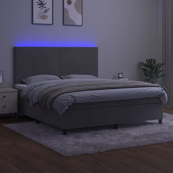 vidaXL Ł&oacute;żko kontynentalne z materacem i LED, szare 180x200cm, aksamit
