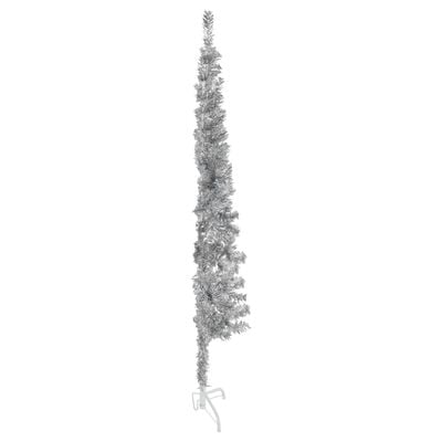 vidaXL Smukła choinka połówka ze stojakiem, sztuczna, srebrna, 150 cm