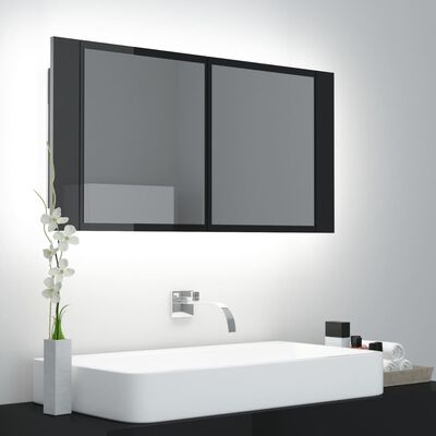 vidaXL Szafka łazienkowa z lustrem i LED, połysk, czarna, akryl