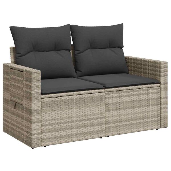 vidaXL Sofa ogrodowa z poduszkami, 2-osobowa, jasnoszara, polirattan