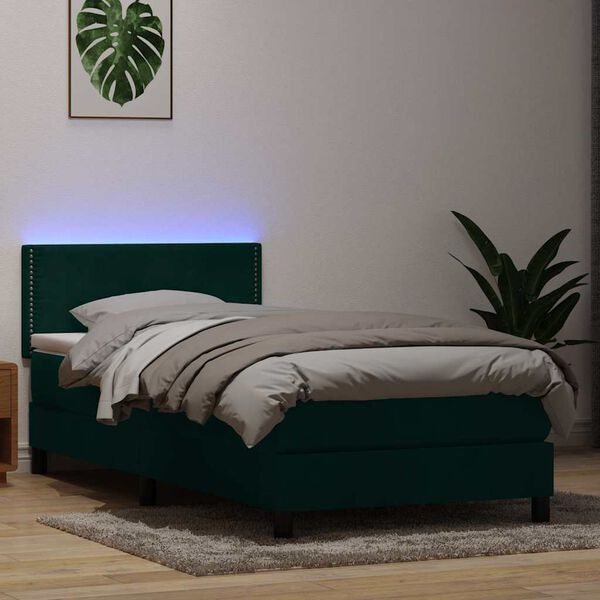 vidaXL Ł&oacute;żko kontynentalne z materacem i LED, zielone, aksamit, 100x210 cm