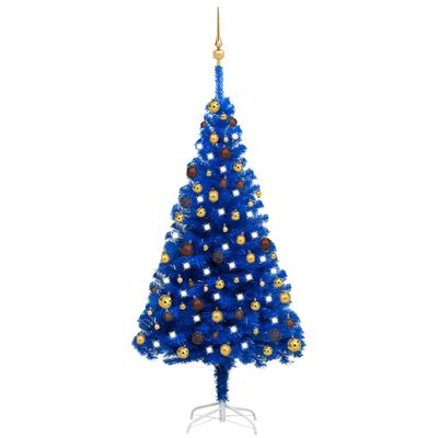 vidaXL Sztuczna choinka z lampkami i bombkami, niebieska, 150 cm, PVC