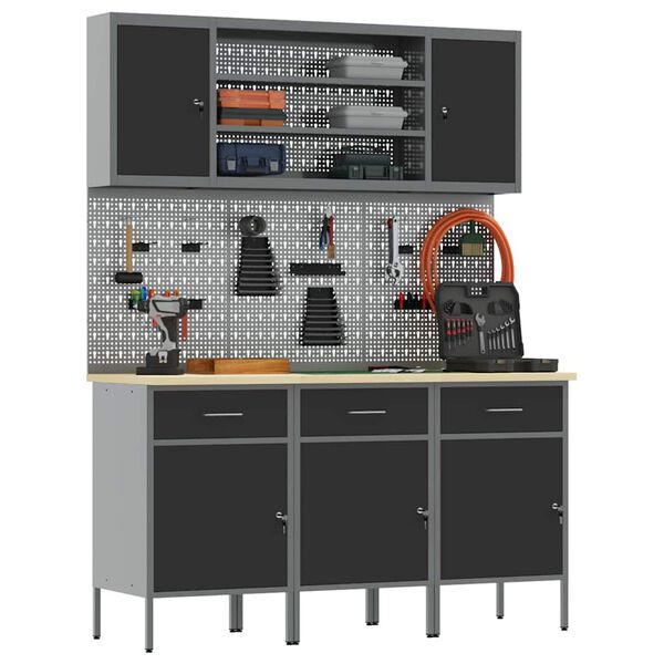 vidaXL Szafka robocza z p&oacute;łką 7 pcs Czarny Drewno inżynieryjne i stal