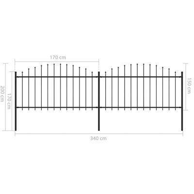 vidaXL Panele ogrodzeniowe z grotami, stal, (1,25-1,5) x 3,4 m, czarne
