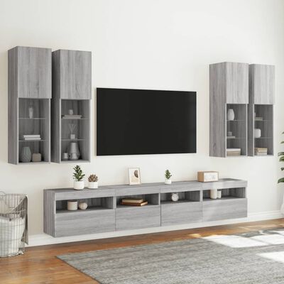 vidaXL 7-cz. zestaw ściennych szafek TV z LED, szary dąb sonoma