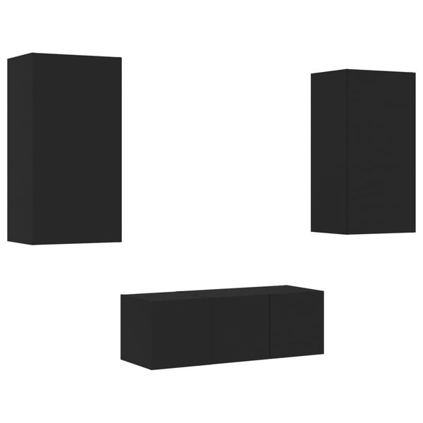 vidaXL 4-cz. zestaw mebli TV z LED, czarny, materiał drewnopochodny