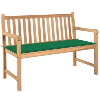 vidaXL Ławka ogrodowa z zieloną poduszką, 120 cm, lite drewno tekowe