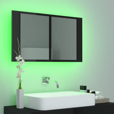 vidaXL Szafka łazienkowa z lustrem i LED, czarna, połysk, akryl