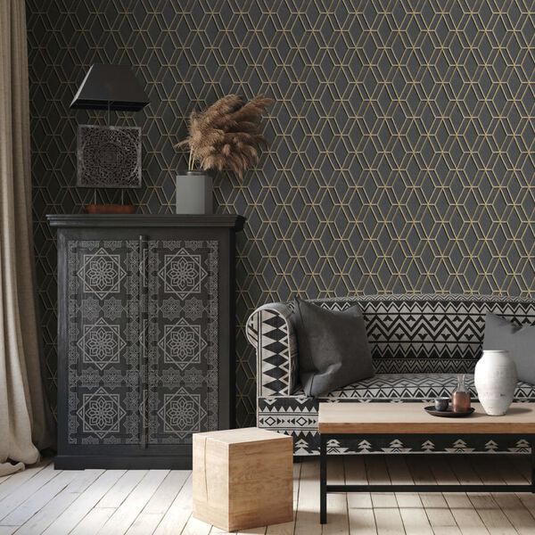 DUTCH WALLCOVERINGS Tapeta w sześciokąty, czarno-złota