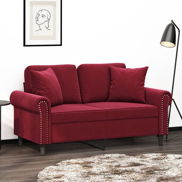 vidaXL 2-osobowa sofa z poduszkami, bordowa, 120 cm, aksamit