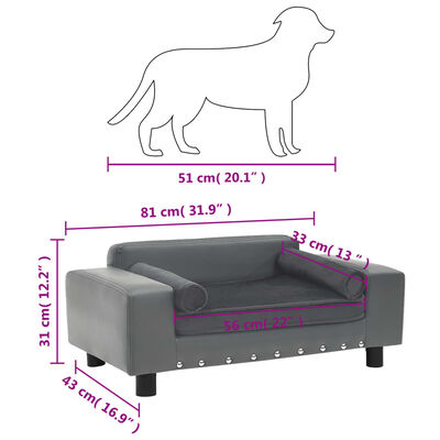 vidaXL Sofa dla psa, szara, 81x43x31 cm, plusz i sztuczna skóra