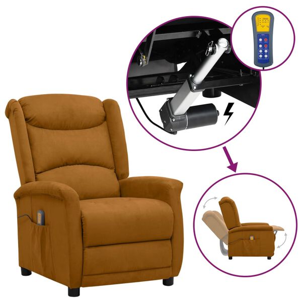 vidaXL Podnoszony fotel masujący, brązowy, obity mikrofibrą