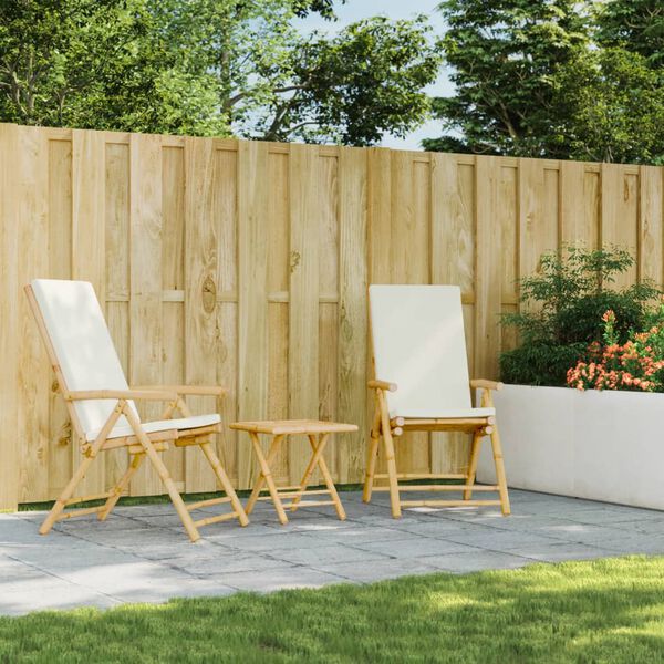 vidaXL 3-cz., składany zestaw mebli bistro, kremowe poduszki, bambus