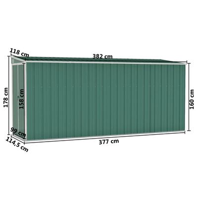 vidaXL Szopa ogrodowa, mocowana do ściany, zielona, 118x382x178 cm