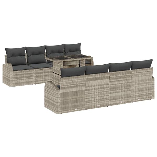 vidaXL Zestaw Sof na Ogr&oacute;d z poduszką 9 pcs Jasnoszary Rattan poli