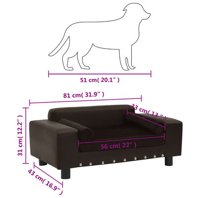 vidaXL Sofa dla psa, brązowa, 81x43x31 cm, plusz i sztuczna skóra