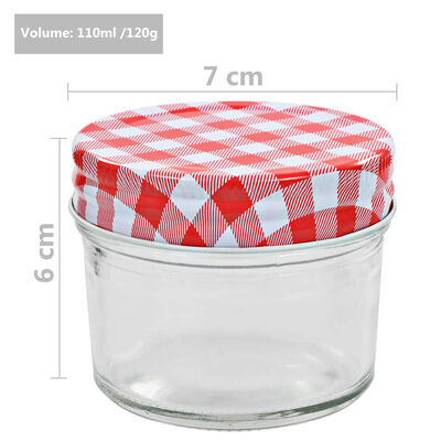 vidaXL Szklane słoiki na dżem, biało-czerwone pokrywki, 24 szt, 110 ml