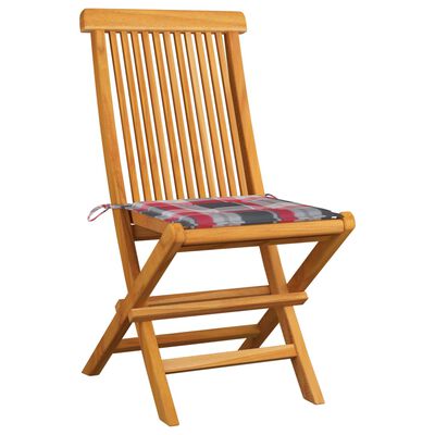 vidaXL Krzesła ogrodowe z poduszkami w czerwoną kratę, 4 szt., tekowe