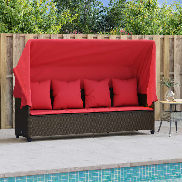 vidaXL Leżanka z zadaszeniem i poduszkami, brązowa, polirattan