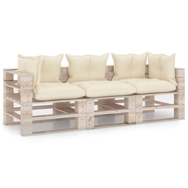 vidaXL Ogrodowa sofa 3-os. z palet, z poduszkami, drewno sosnowe