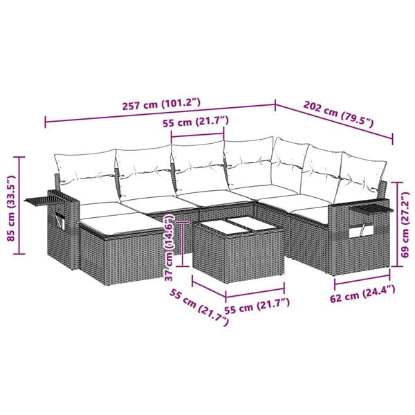vidaXL 8-cz. zestaw mebli ogrodowych, poduszki, jasnoszary polirattan
