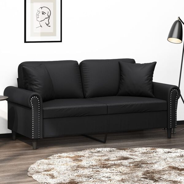 vidaXL 2-osobowa sofa z poduszkami, czarna, 140 cm, sztuczna sk&oacute;ra