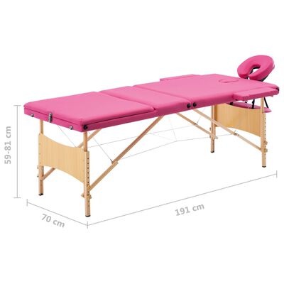 vidaXL Składany stół do masażu, 3 strefy, drewniany, różowy