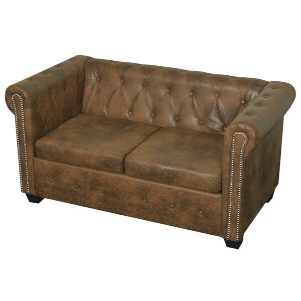 vidaXL Sofa Chesterfield 2-osobowa, brązowa, sztuczna sk&oacute;ra