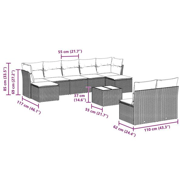 vidaXL 10-cz. zestaw wypoczynkowy do ogrodu, z poduszkami, jasnoszary
