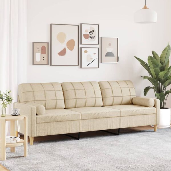 vidaXL 3-osobowa sofa z poduszkami, kremowa, 210 cm, obita tkaniną