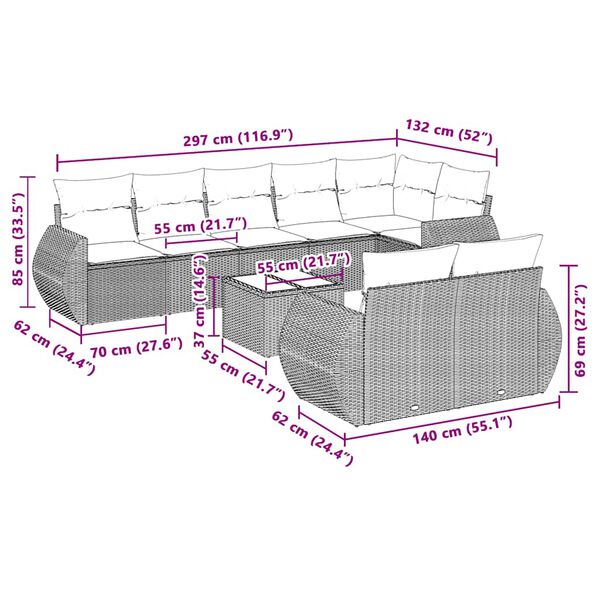 vidaXL 9-cz. zestaw mebli ogrodowych, poduszki, jasnoszary polirattan