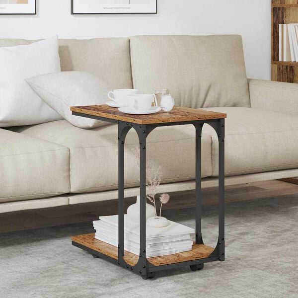 vidaXL Stolik boczny z p&oacute;łką z kołem Stare drewno 50 x 35 x 55.5 cm