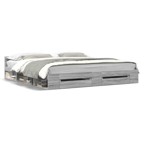 vidaXL Rama ł&oacute;żka z szufladami, szary dąb sonoma, 200x200 cm