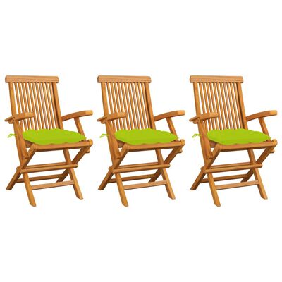 vidaXL Krzesła ogrodowe, jasnozielone poduszki, 3 szt., drewno tekowe