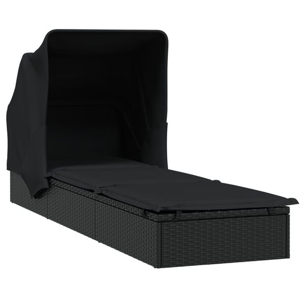 vidaXL Leżak ze składanym dachem, czarny, 213x63x97 cm, polirattan