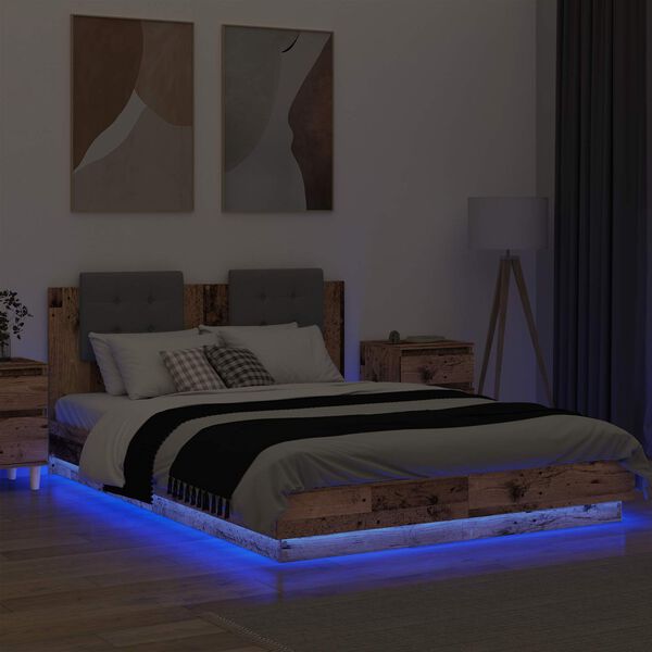 vidaXL Rama ł&oacute;żka z wezgłowiem Ze LED Lights Stare drewno 160 x 200 cm