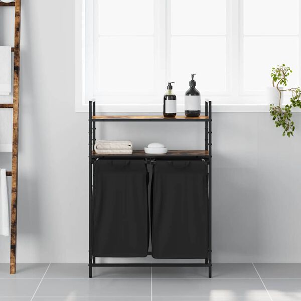 vidaXL Kosz na pranie 2 przegrody z półkami, przydymiony dąb