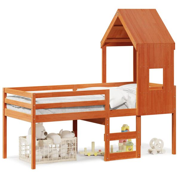 vidaXL Wysokie łóżko z daszkiem, woskowy brąz, 80x200 cm, sosnowe