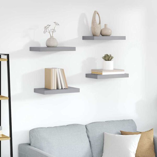 vidaXL P&oacute;łki ścienne, 4 szt., szare, 23 x 23,5 x 3,8 cm, MDF