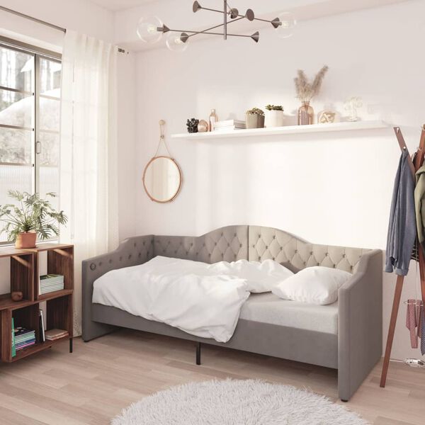 vidaXL Ł&oacute;żko dzienne z materacem i USB, jasnoszara tkanina, 90x200 cm