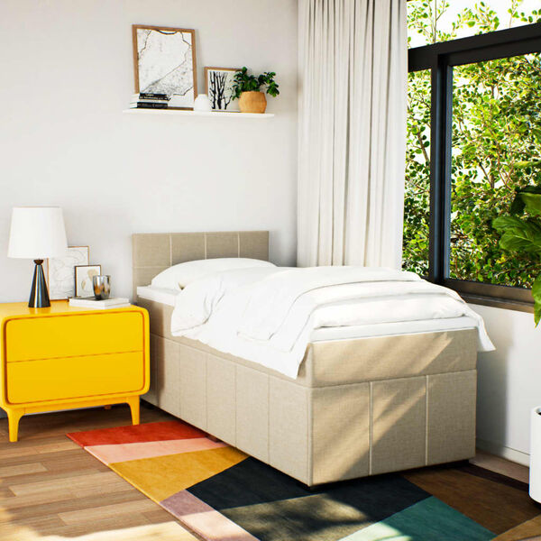 vidaXL Ł&oacute;żko kontynentalne z materacem, kremowe, tkanina, 100x200 cm