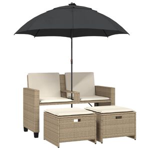vidaXL 2-os. sofa ogrodowa z parasolem i stołkami, beżowa, polirattan