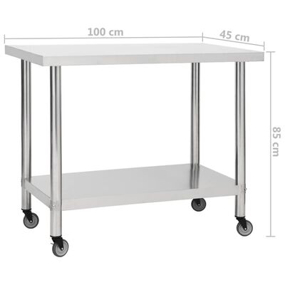 vidaXL Kuchenny stół roboczy na kółkach, 100x45x85 cm, stal nierdzewna