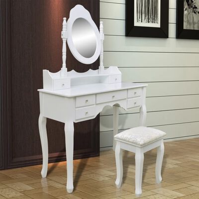 vidaXL Toaletka z lustrem i stołkiem, 7 szuflad, biała