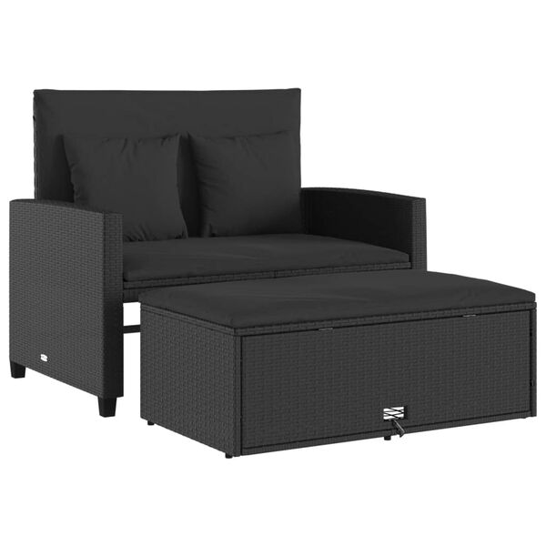 vidaXL Sofa ogrodowa z poduszkami, 2-osobowa, czarna, polirattan