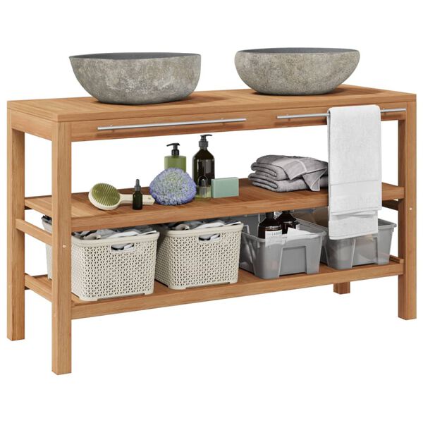 vidaXL Szafka łazienkowa z kamiennymi umywalkami, lite drewno tekowe