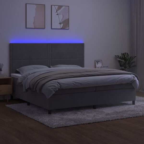 vidaXL Ł&oacute;żko kontynentalne z materacem i LED, szare 200x200cm, aksamit