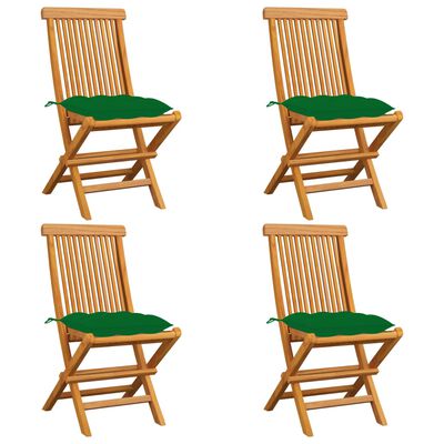 vidaXL Krzesła ogrodowe, zielone poduszki, 4 szt., lite drewno tekowe