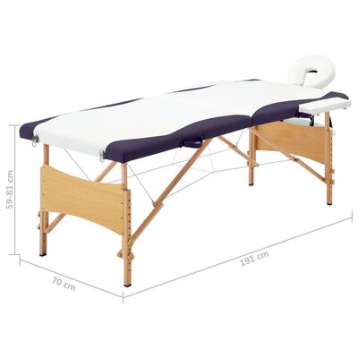 vidaXL Składany stół do masażu, 2-strefowy, drewniany, biało-fioletowy