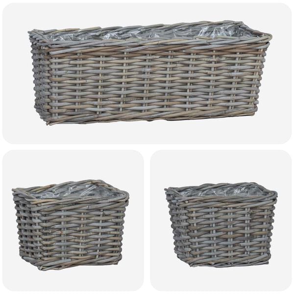 vidaXL Kosz na rośliny z przechowywaniem 3 pcs Szary Rattan Kubu